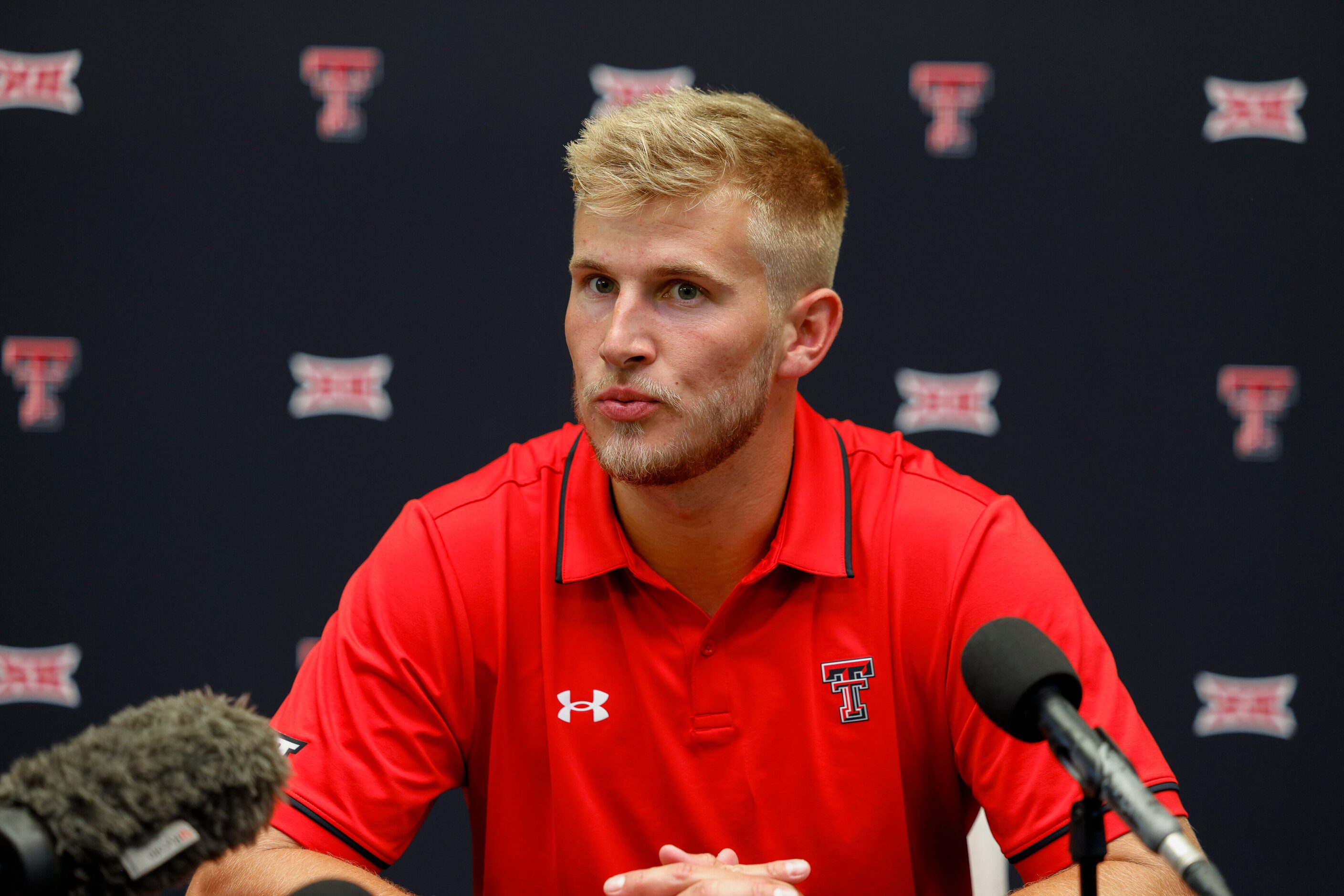 Texas Tech quarterback Tyler Shough talks with members of the media during the Big 12 Media...