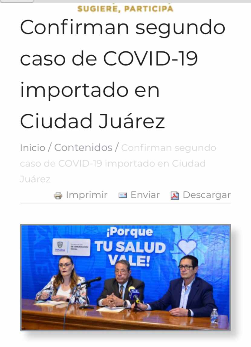 State of Chihuahua news headline notes COVID-19 case was "imported" to Ciudad Juarez.