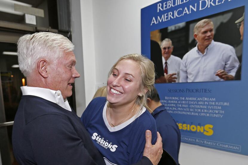 U.S. Rep. Pete Sessions,  R-Dallas, greeted supporter Emily Ford on Tuesday at campaign...