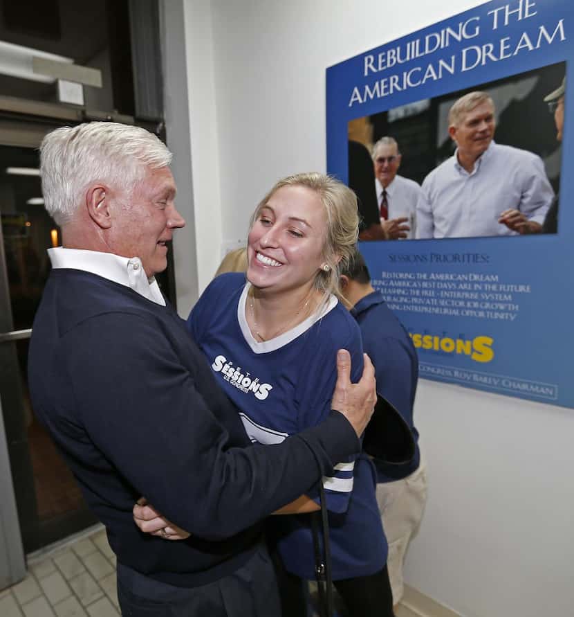 U.S. Rep. Pete Sessions,  R-Dallas, greeted supporter Emily Ford on Tuesday at campaign...