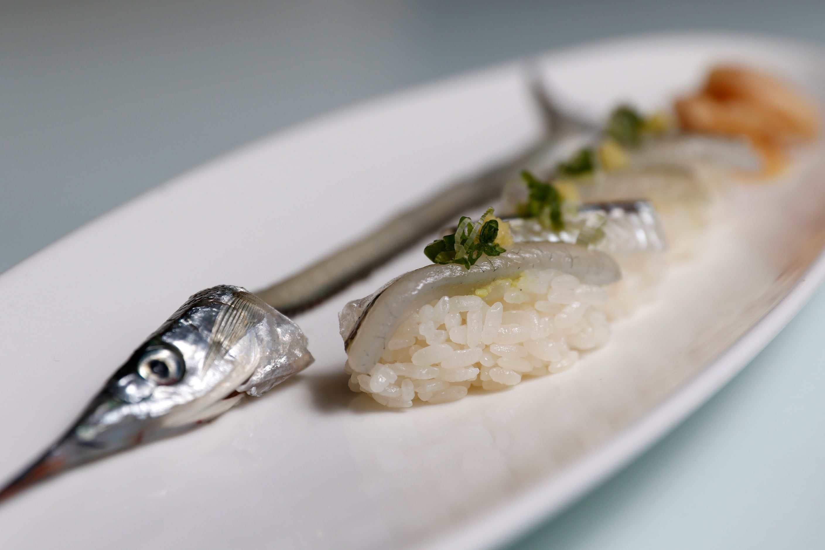 Sayori (halfbeak) photographed at Yutaka Sushi Bistro in Dallas.