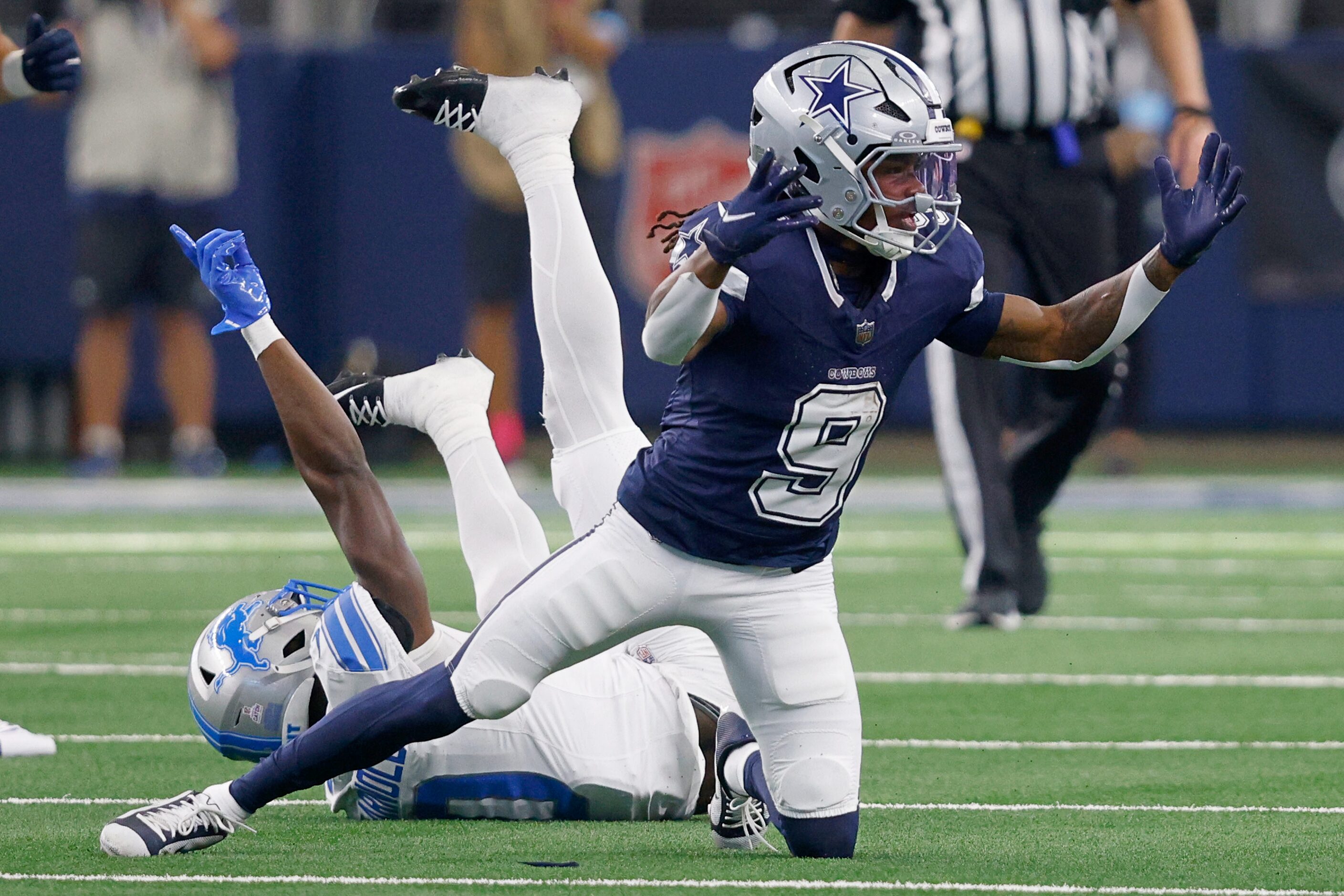 Dallas Cowboys wide receiver KaVontae Turpin (9) reacts after he couldn’t catch the pass...