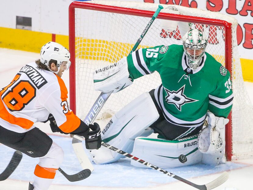 Dallas Stars goaltender Anton Khudobin (35) makes a save against Philadelphia Flyers forward...