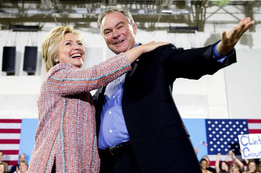 Democratic presidential candidate Hillary Clinton was accompanied by Sen. Tim Kaine, D-Va.,...