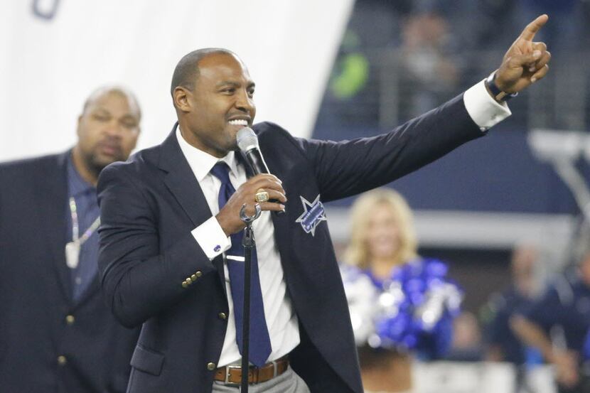 Former Dallas safety Darren Woodson is pictured during his Ring of Honor induction ceremony...