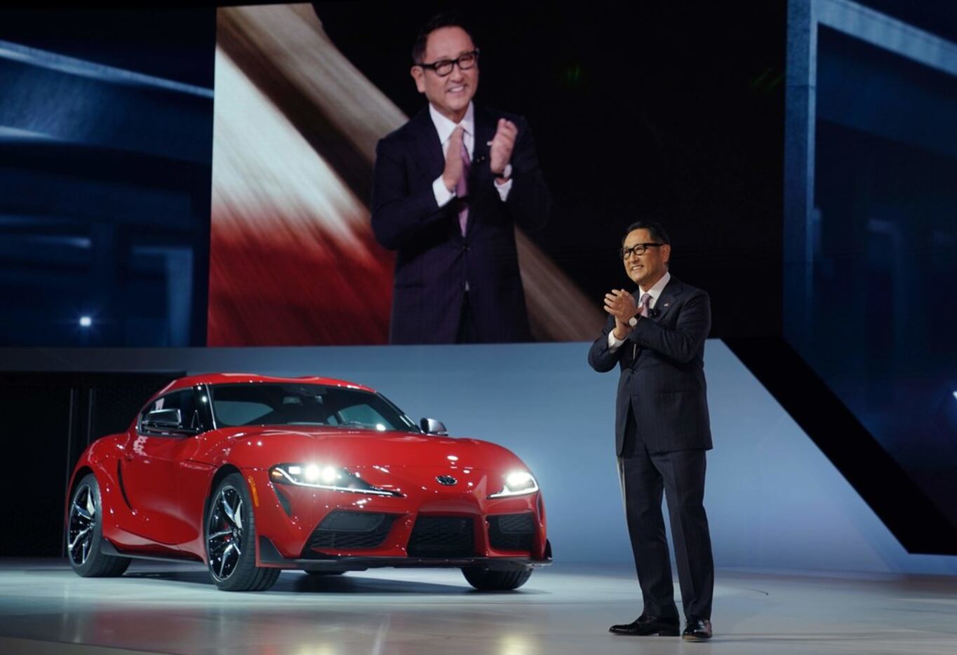 Toyota President Akio Toyoda unveils the 2020 Toyota Supra at the 2019  North American...