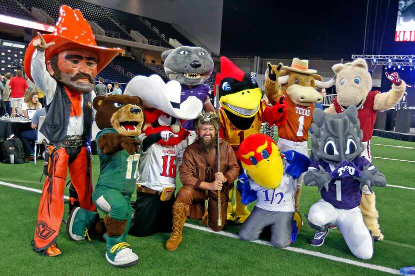 Big 12 school mascots have their pictures taken during a breakout session in Big 12 Media...