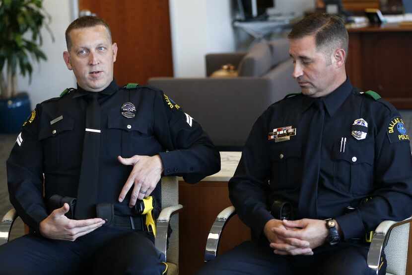 El Centro College police Officer Cpl. Bryan Shaw (left) talks about the location of his...