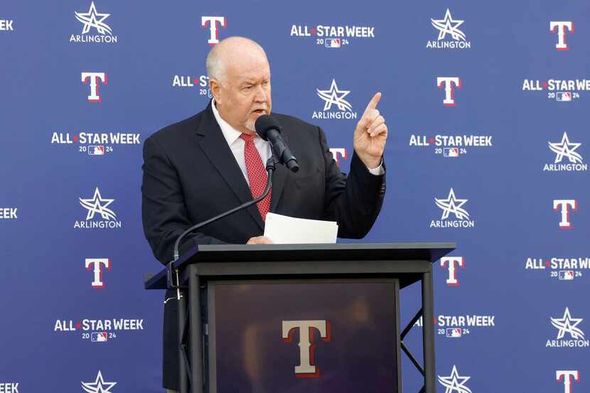 Chuck Morgan, Texas Rangers executive vice president and public address announcer, speaks...