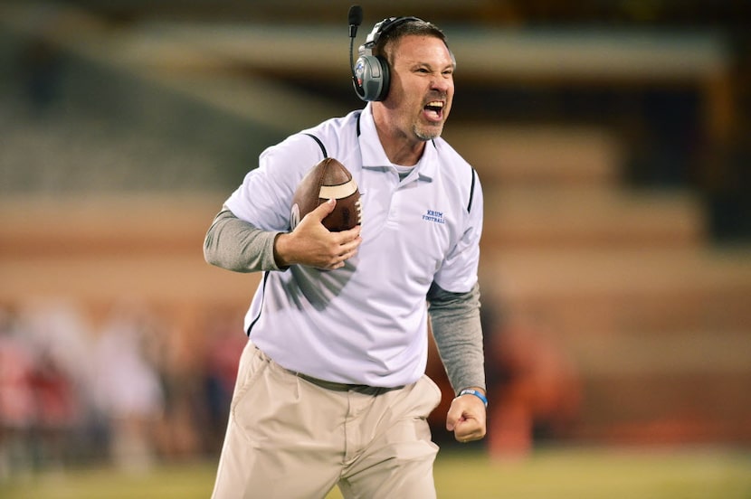 Krum head coach Gray Robinson reacts after a second quarter turnover against Celina, in a...