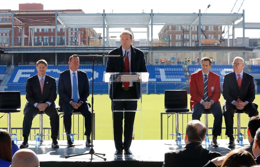 FC Dallas president Dan Hunt speaks during a news conference at Toyota Stadium in Frisco on...