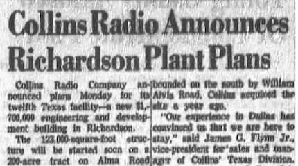 'Collins Radio Announces Richardson Plant Plans' published July 9, 1957.