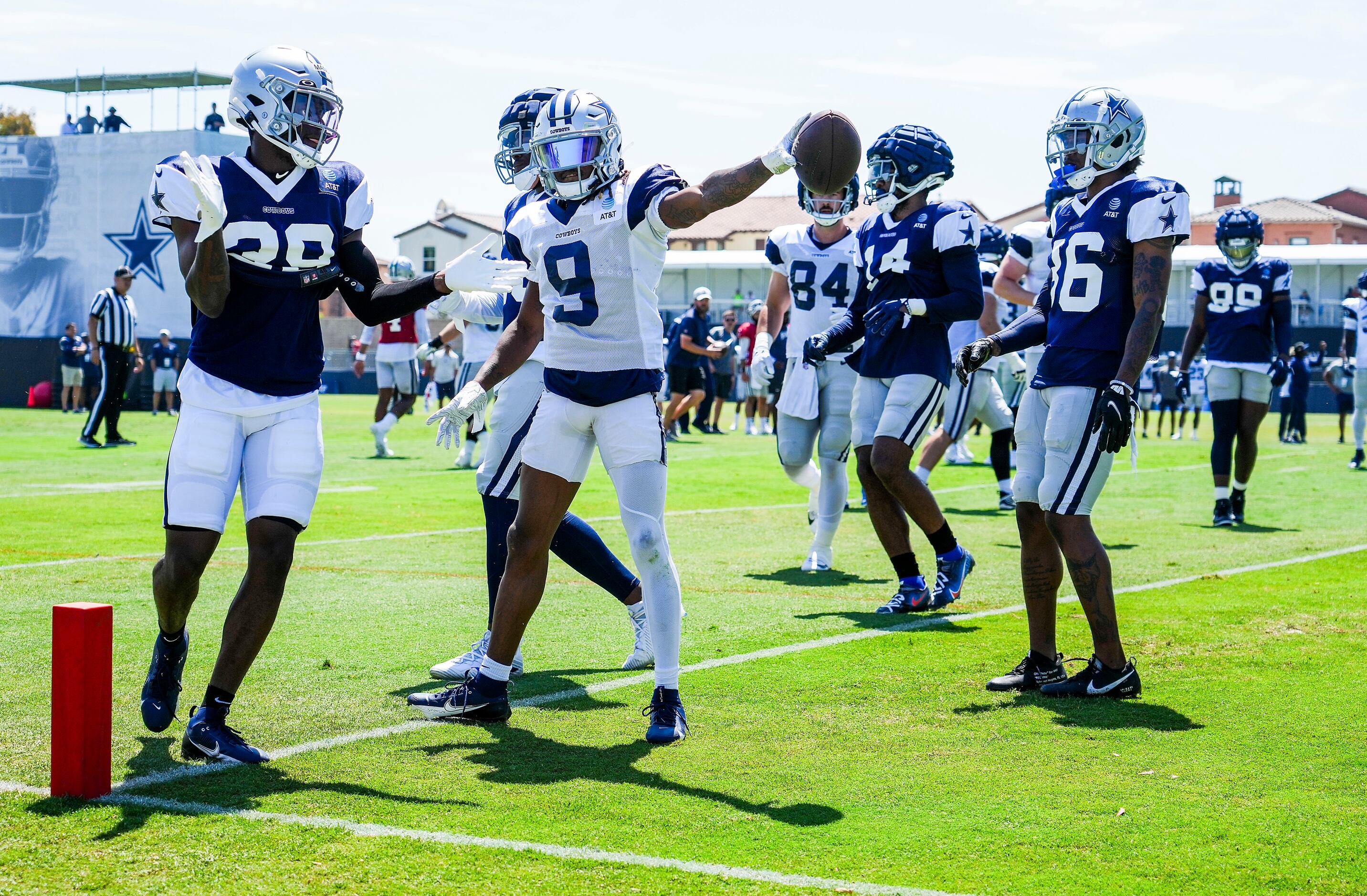 Dallas Cowboys' Michael Gallup, left, and CeeDee Lamb, rightr, celebrate  after Lamb caught a pass for a touchdown during the second half of an NFL  football game against the Green Bay Packers