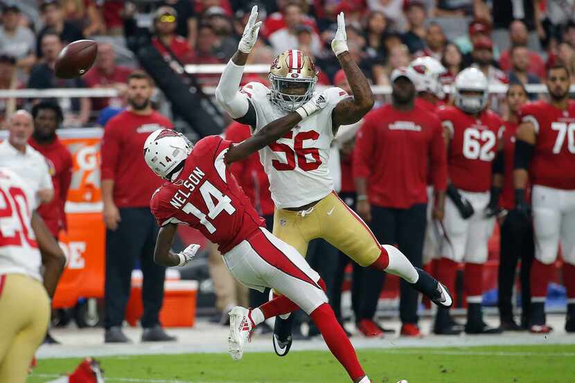FILE - In this Oct. 28, 2018, file photo, San Francisco 49ers linebacker Reuben Foster (56)...