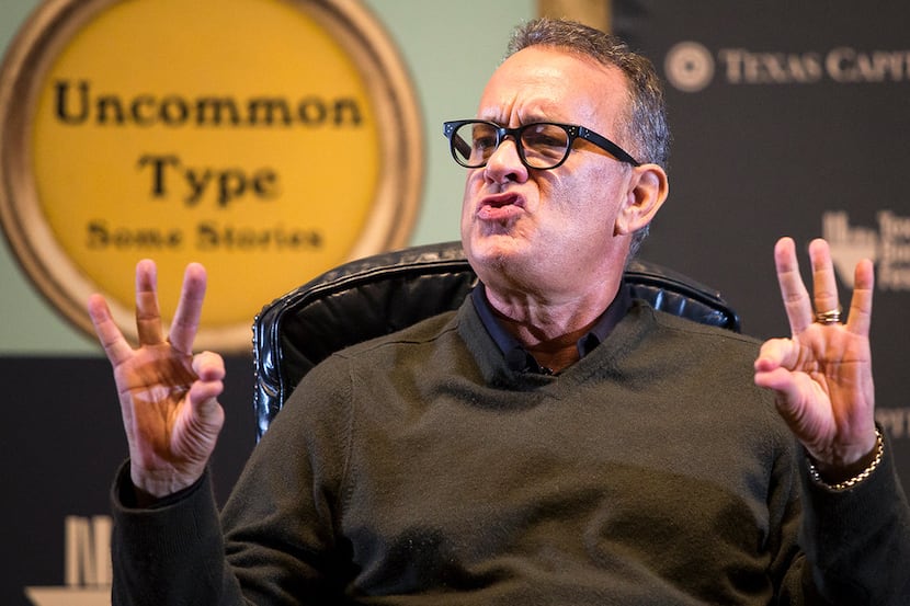 Tom Hanks mimics President Donald Trump while discussing his book, Uncommon Type, during the...