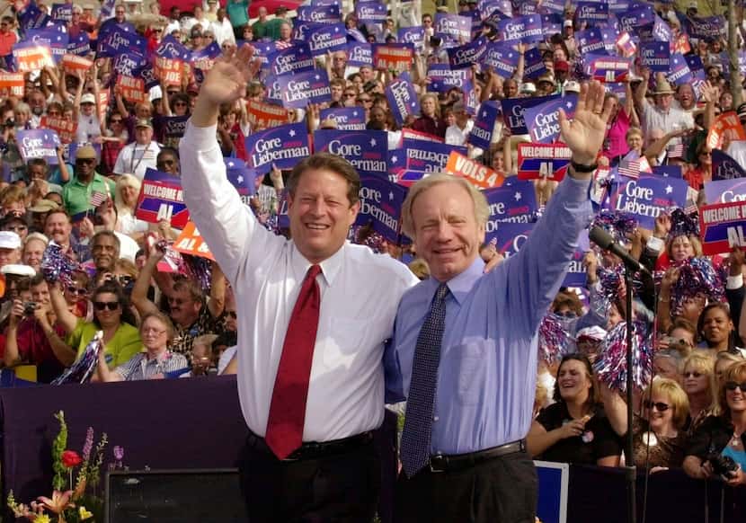  Al Gore, left, and his running mate,  Joe Lieberman campaigned in Jackson, Tenn., on Oct....