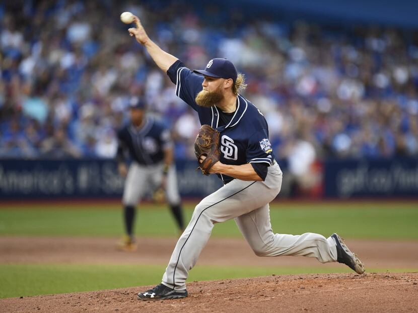 San Diego Padres starting pitcher Andrew Cashner throws against the Toronto Blue Jays during...