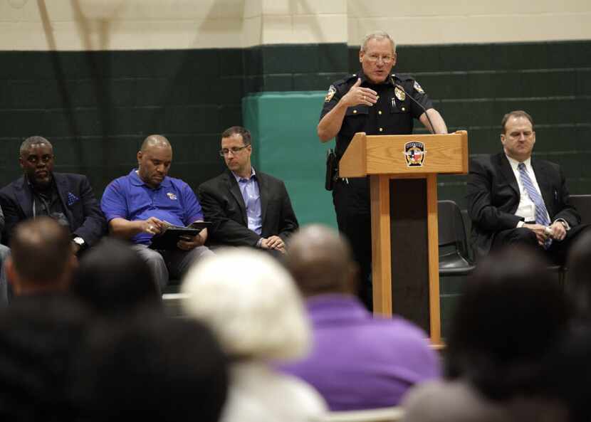 McKinney police Chief Greg Conley speaks during a community forum at Old Settler's...