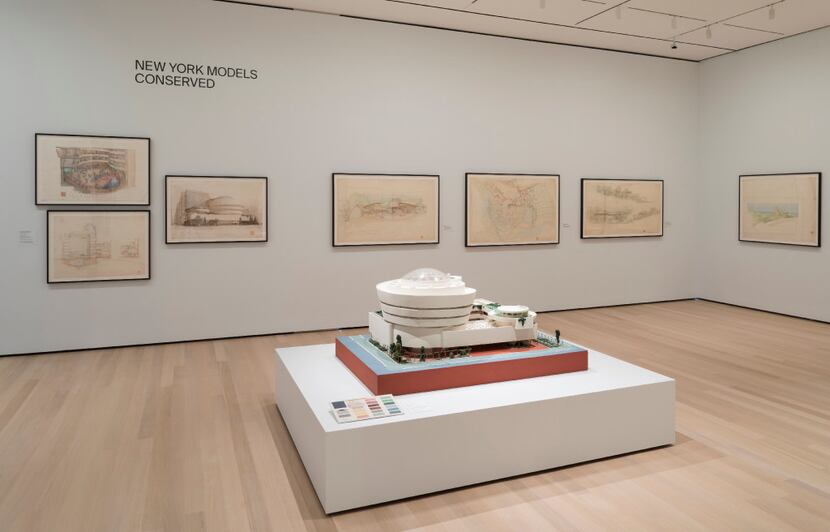 Installation view of "Frank Lloyd Wright at 150: Unpacking the Archive" at the Museum of...