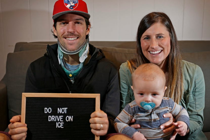 FC Dallas midfielder Ryan Hollingshead, his wife Taylor and 5-month-old son Henry pose for a...
