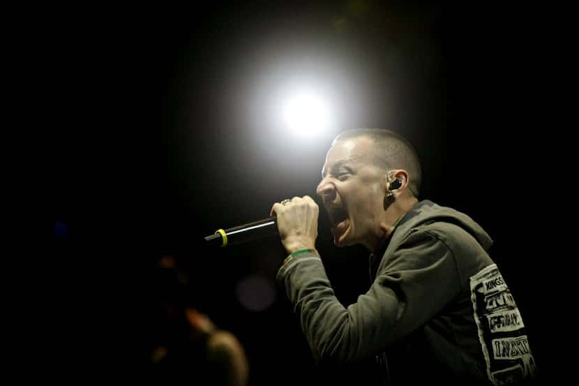 Chester Bennington of the rock band Linkin Park performs during a concert by the...