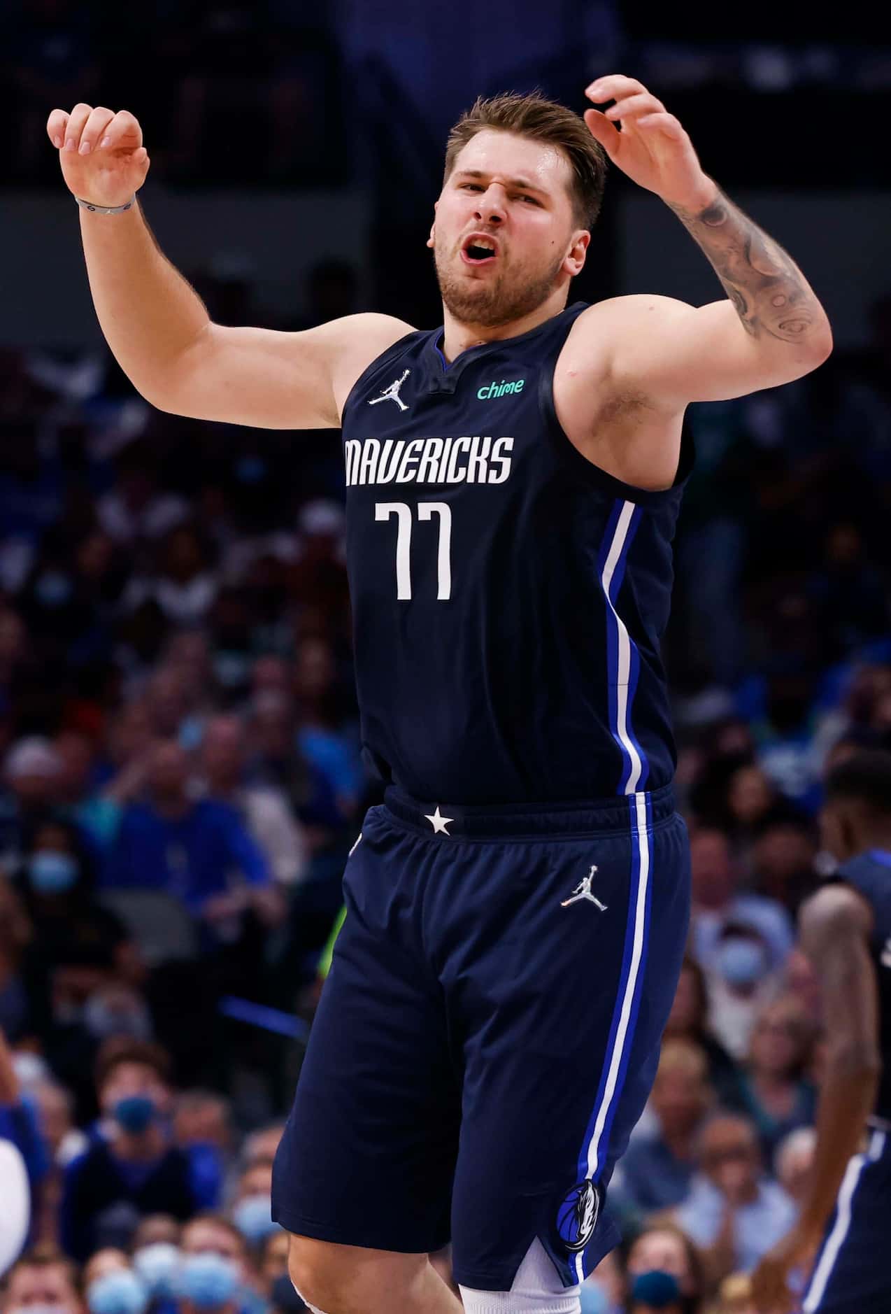 Dallas Mavericks guard Luka Dončić (77) reacts to missing the basket during the second...