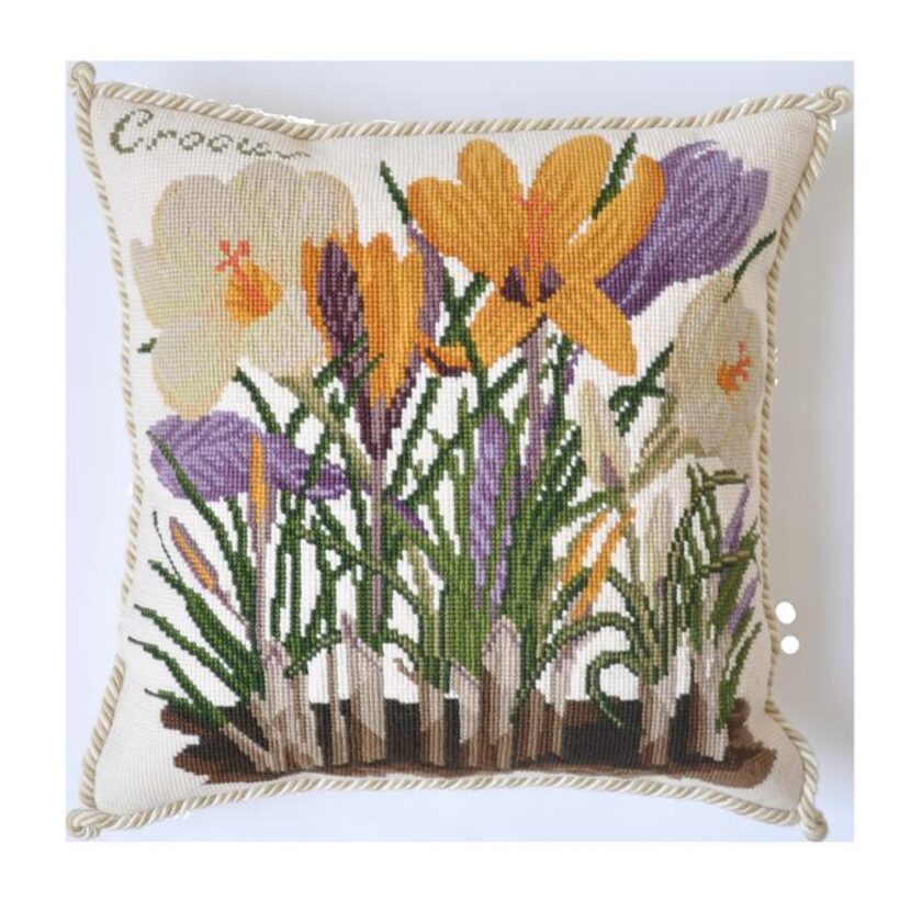 
Crocus needlepoint pillow from Elizabeth Bradley Home 
