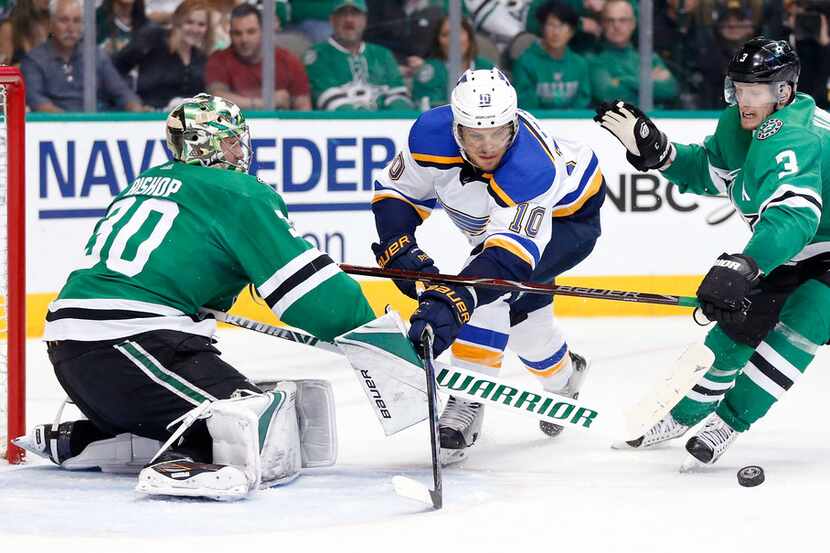 Dallas Stars goaltender Ben Bishop (30) stops as shot by St. Louis Blues center Brayden...