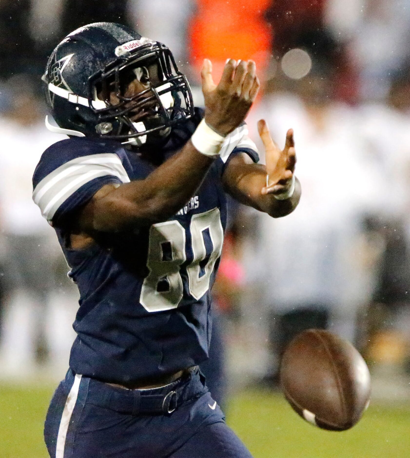 Lone Star High School wide receiver Ife Opere (80) was unable to make the catch during the...