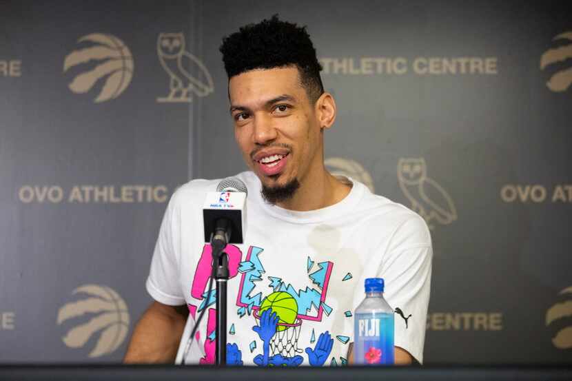 Toronto Raptors' Danny Green takes questions from the media during an NBA basketball news...