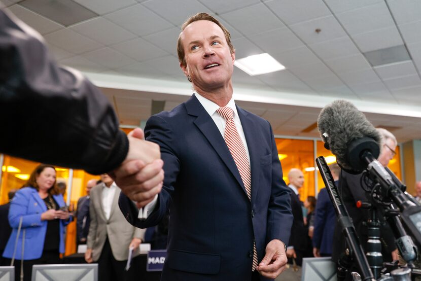 Speaker of the Texas House Dade Phelan greets members of the press after an event promoting...