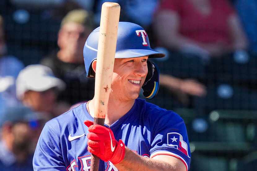 Texas Rangers outfielder Wyatt Langford steps to the plate during the third inning of a...