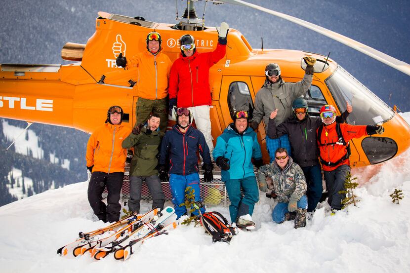 Skeena Heliskiing's Base Camp two groups of 5 heli-skiers have a helicopter at their...