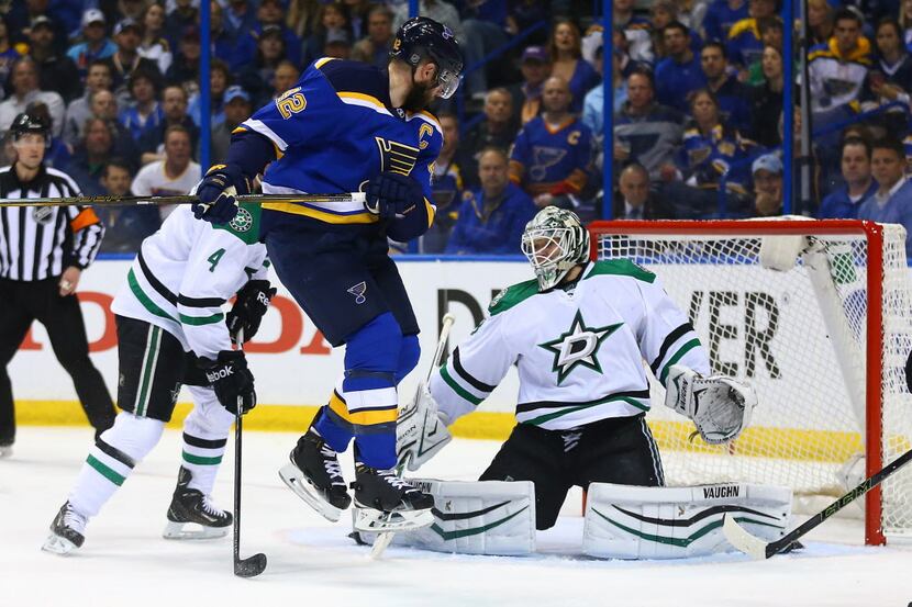 ST. LOUIS, MO - MAY 3: David Backes #42 of the St. Louis Blues jumps out of the way of the...