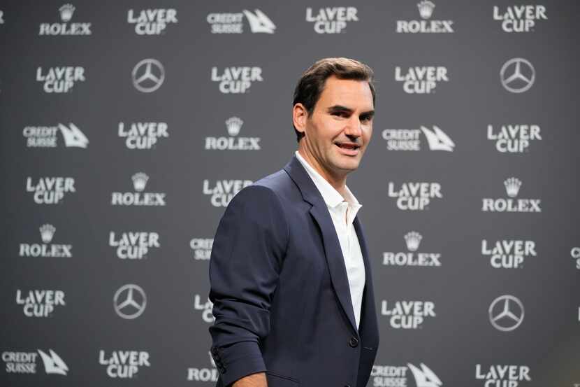 Switzerland's Roger Federer arrives for a media conference ahead of the Laver Cup tennis...