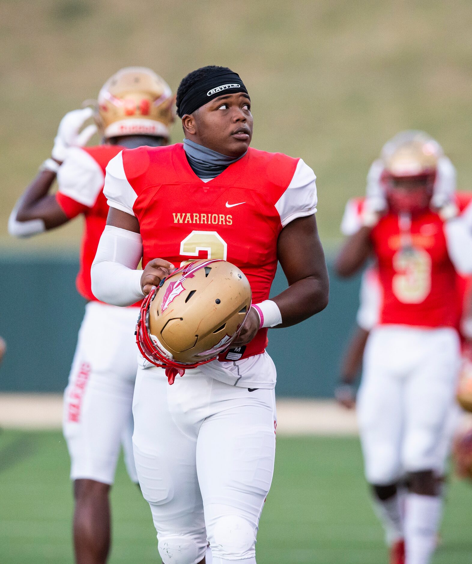 South Grand Prairie senior line backer Marsel McDuffie (2) looks on from the sidelines...