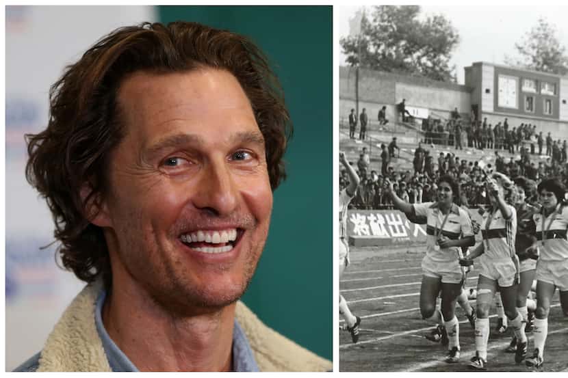 A combination image shows Matthew McConaughey in 2019 and members of the Dallas Sting soccer...