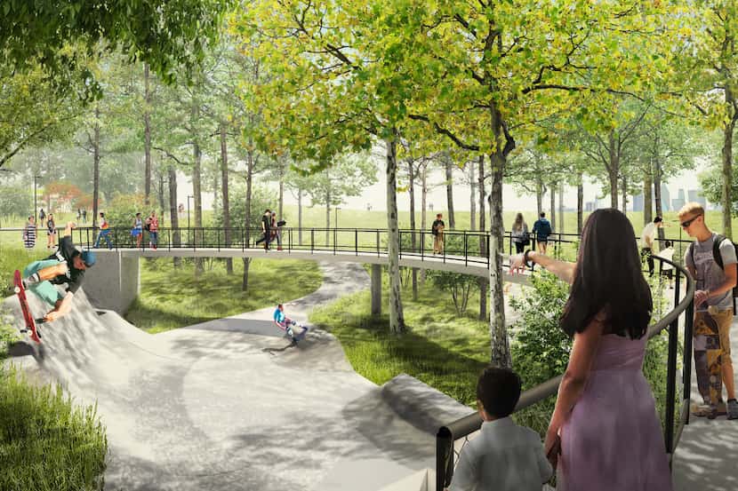 A skate park with elevated pathways would be located where the levee descends toward the river.