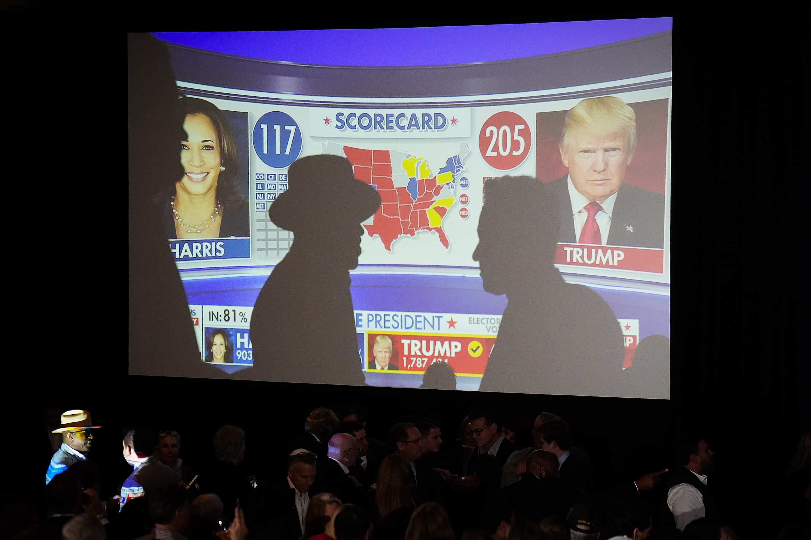 Supporters cast a shadow on a screen showing election returns during an election night watch...