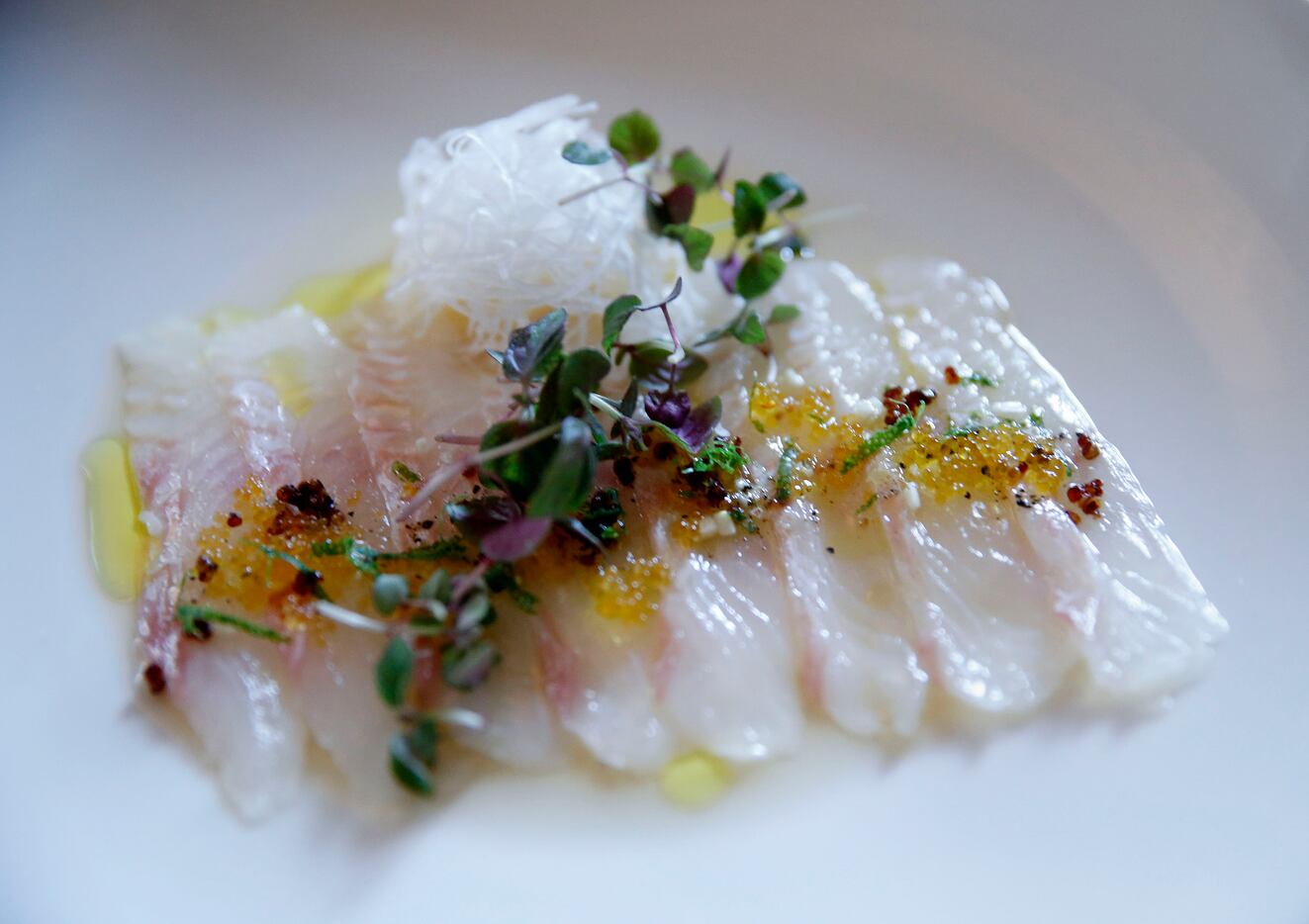 Hirame usuzukuri -- flounder sashimi with candied quinoa and olive oil -- at Uchi Dallas