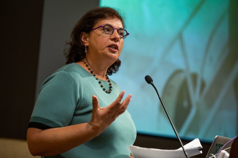 Author Sonia Nazario speaks from behind the podium during her session at the Mayborn...