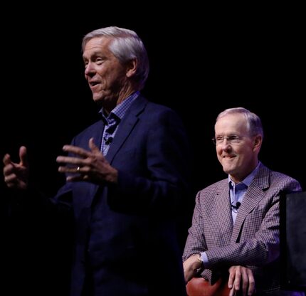 Jim Moroney (left) and Robert Decherd talked to employees of The News on May 4, 2018, at the...