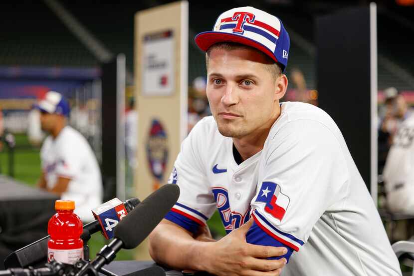 Texas Rangers shortstop Corey Seager listens to a question during MLB All-Star Game Media...