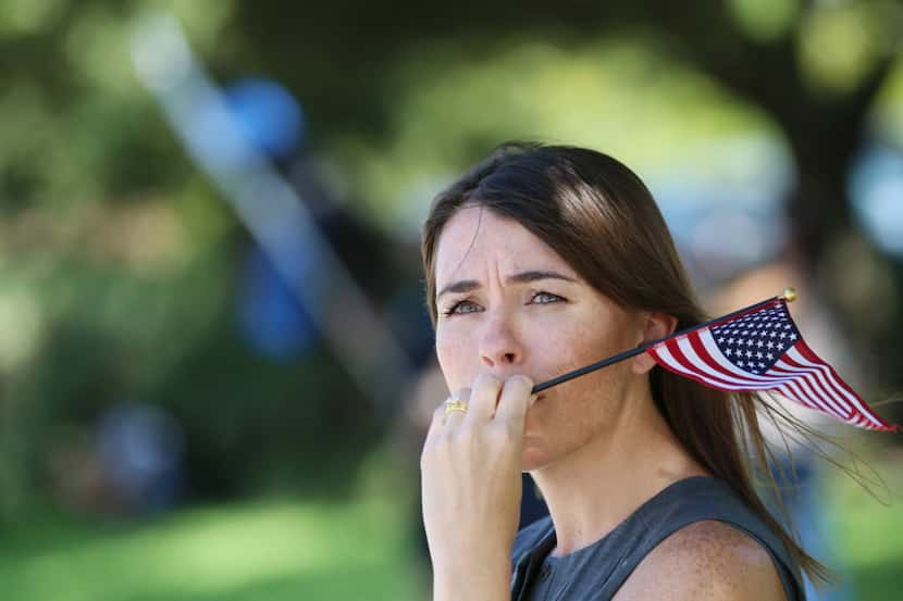 Amy Hogan of Dallas outside Watermark Church for the funeral Thursday of Michael Smith.