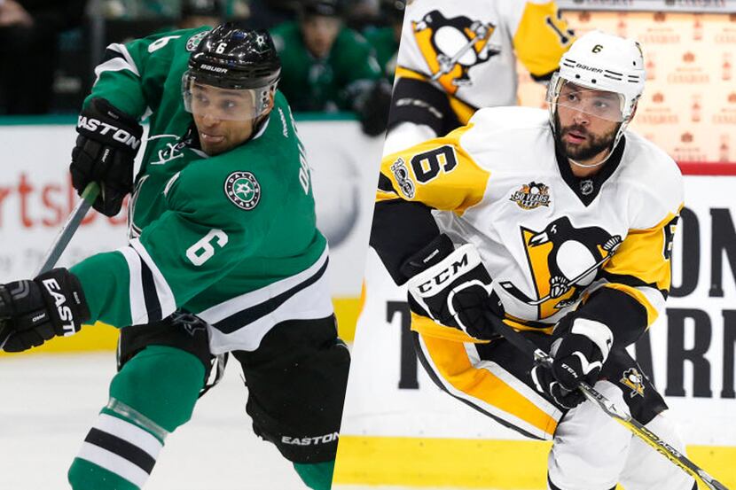 Trevor Daley as a member of the Dallas Stars (left) and Pittsburgh Penguins.
