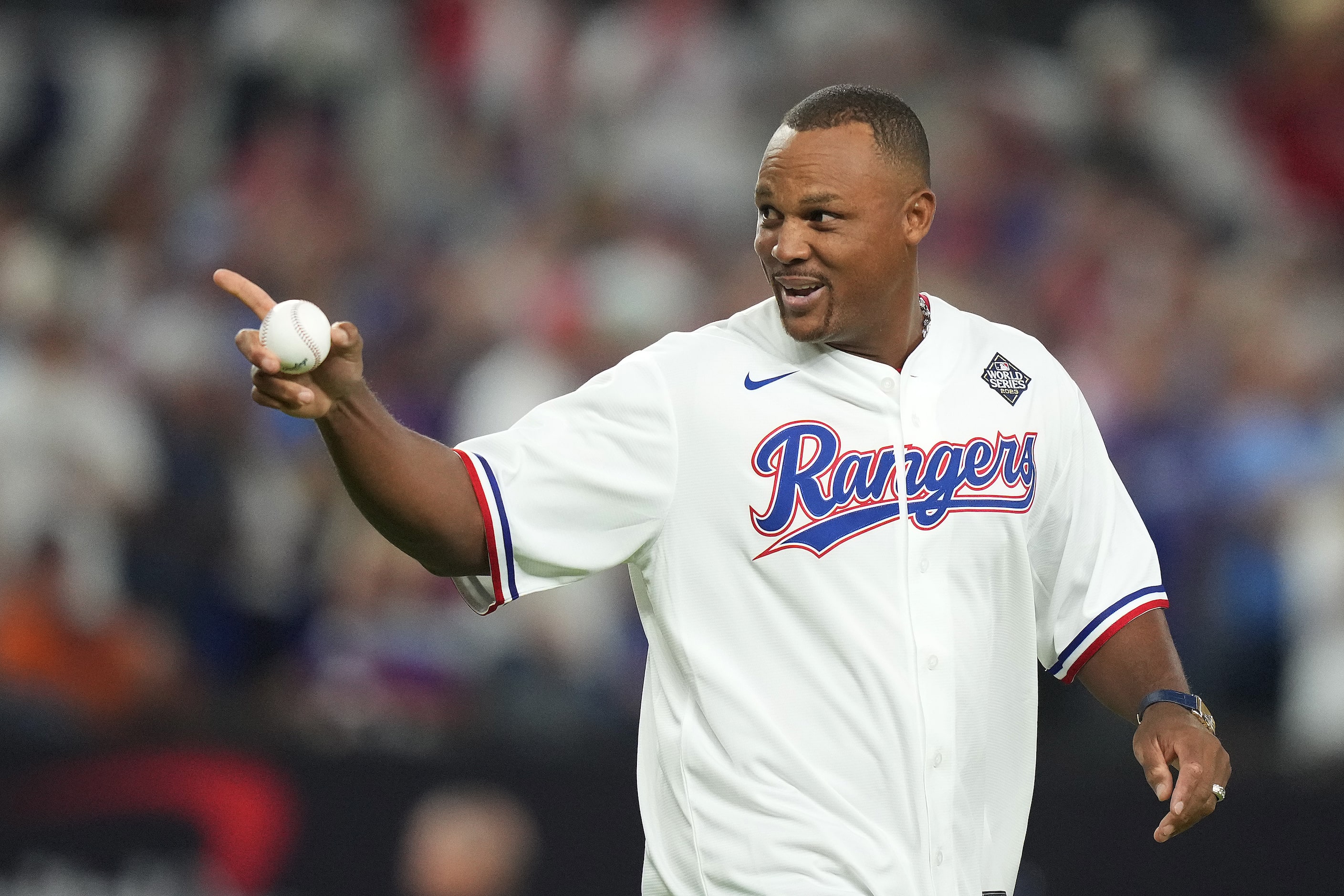 Former Texas Rangers third baseman Adrián Beltré takes the field to throw the ceremonial...