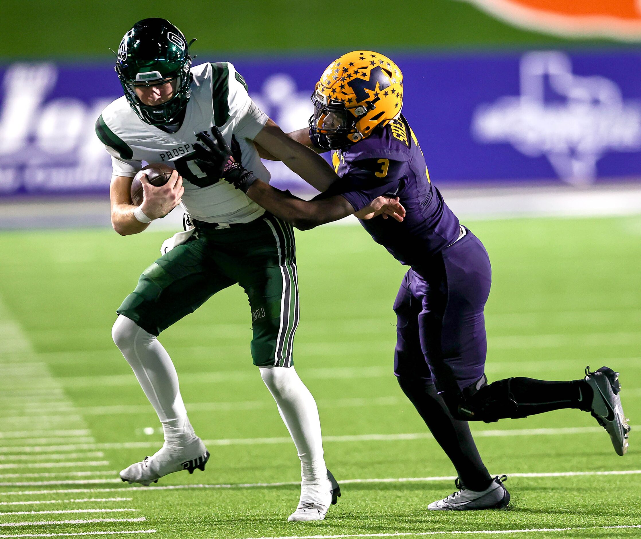 Prosper quarterback Nathan TenBarge (0) tries to get past McKinney safety Deondre Shepherd...