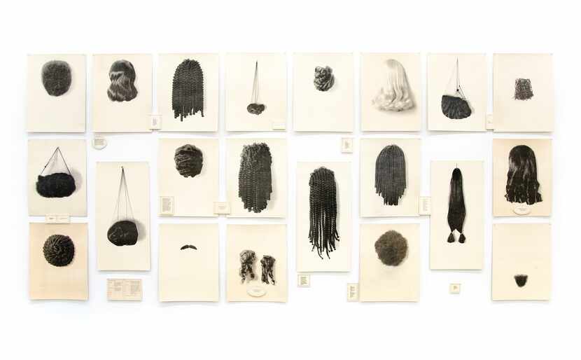 “Wigs (Portfolio)” by Lorna Simpson features subtle lithograph portraits on felt of...