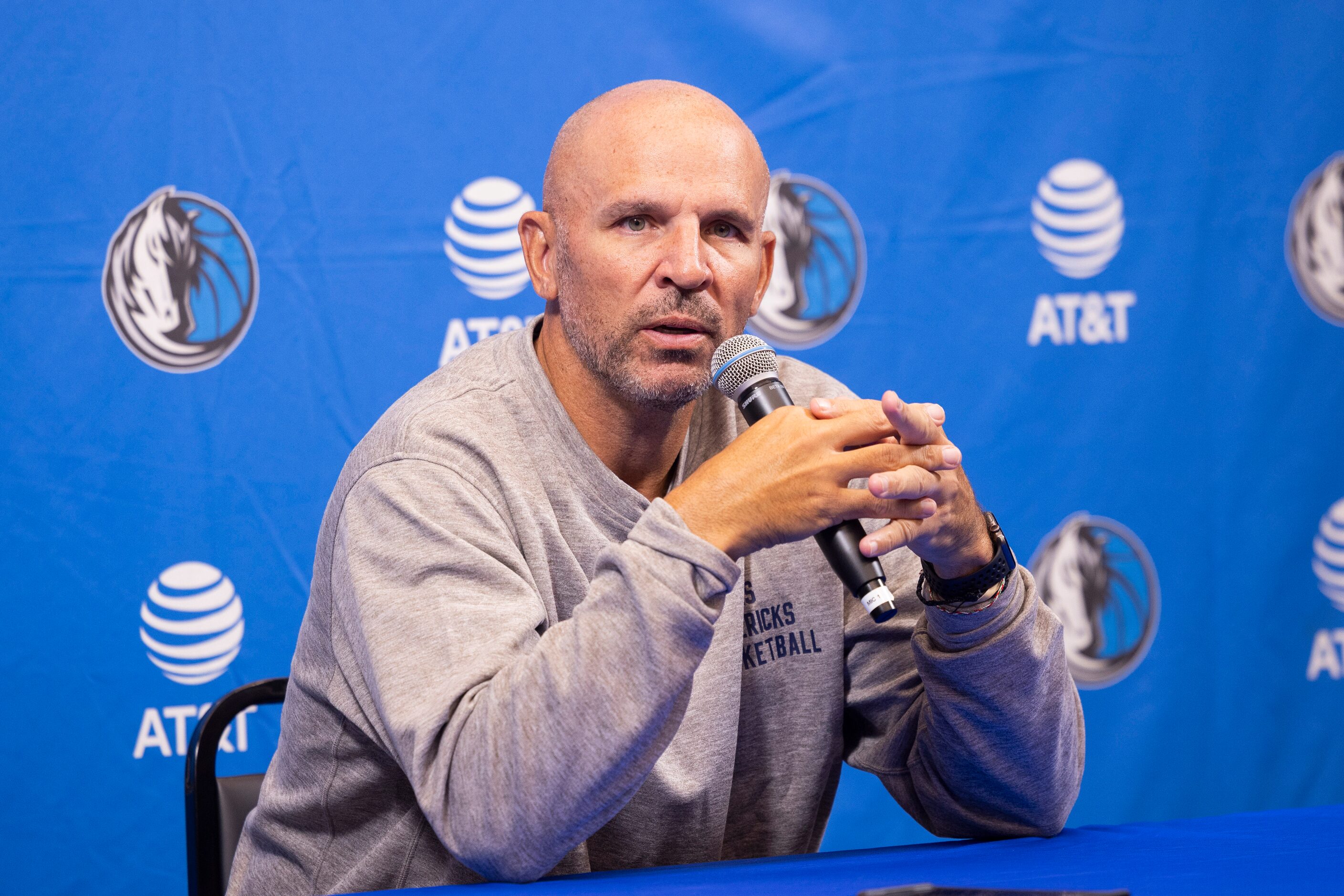 Dallas Mavericks head coach Jason Kidd speaks to reporters at the Mavericks Training Center...