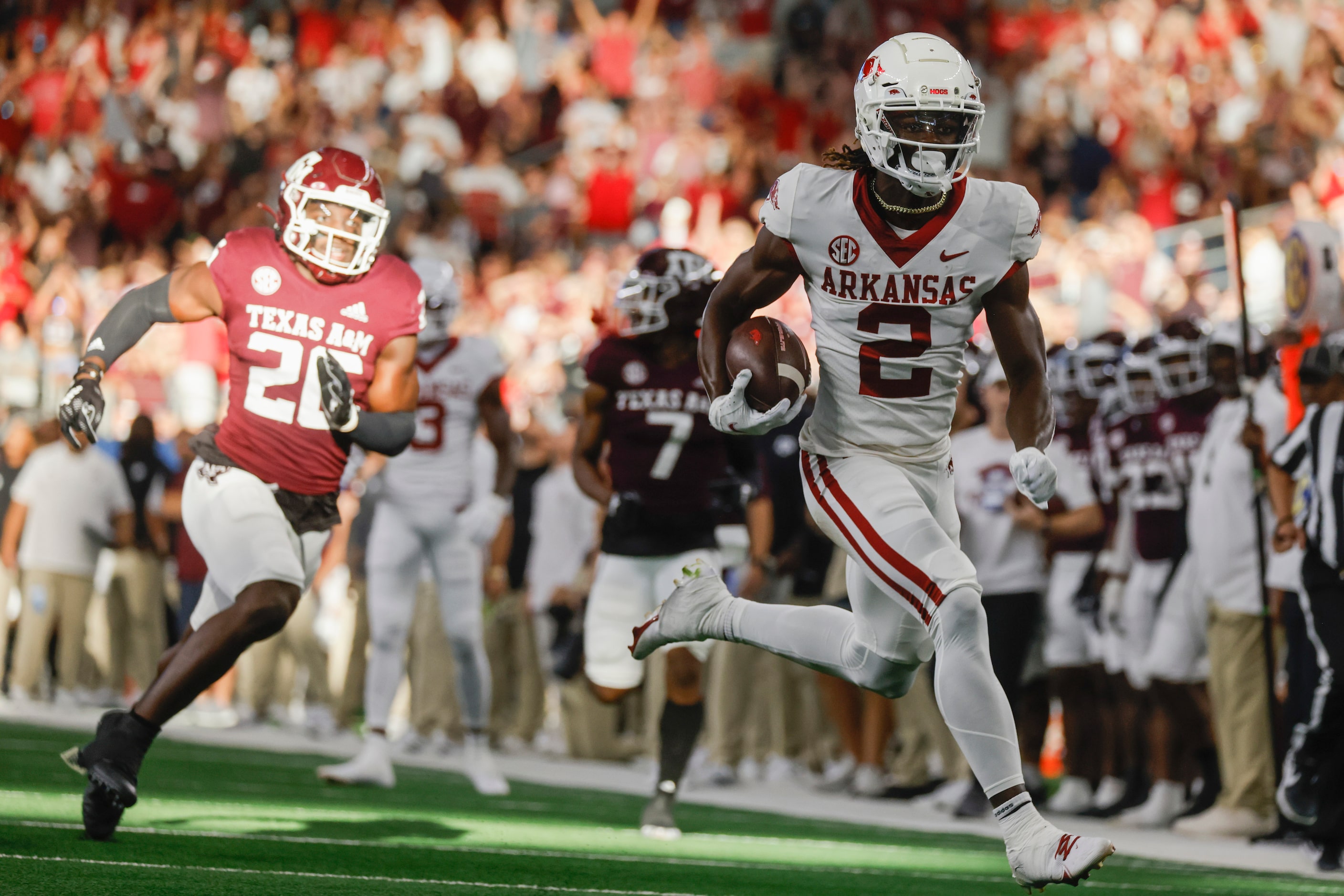 Arkansas wide receiver Ketron Jackson Jr. (2) competes a touchdown against Texas A&M during...